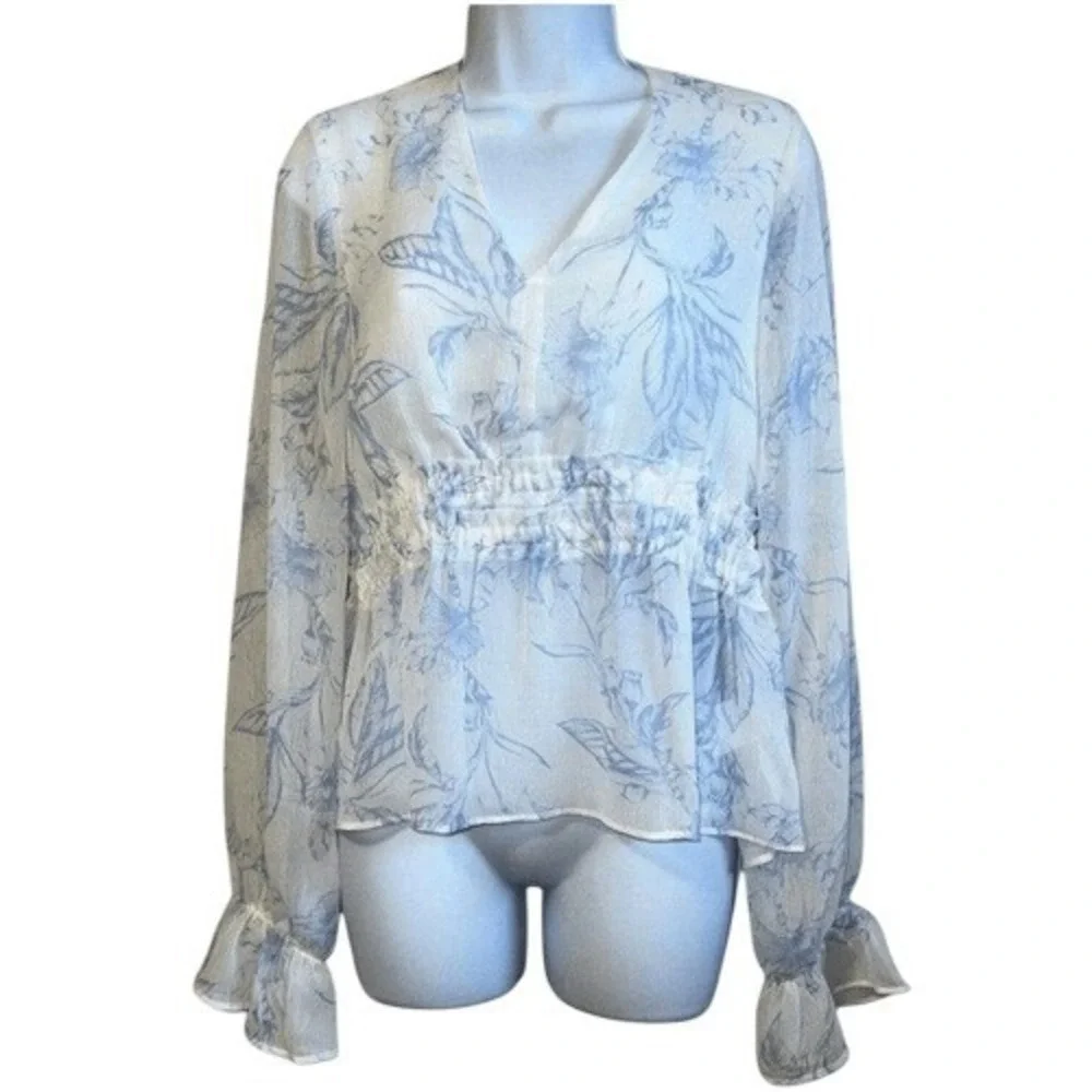 EXPRESS Elasticized Waist Peplum Hem White Chiffon Floral L/S Top NWOT Small - Picture 2 of 9